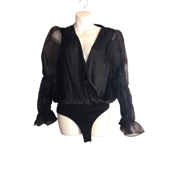 Lalavah Black Long Sheer Sleeve Bodysuit - Picture 2 of 5
